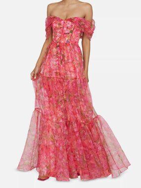 Theia Women's Pink Tia Tiered Off-Shoulder Organza Gown Dress Size 12